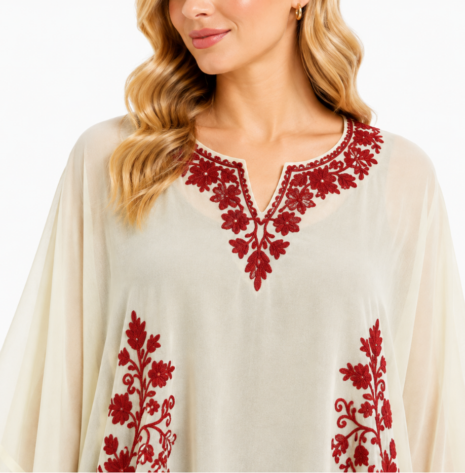 Ivory Embroidered Kaftan with Rich Crimson Floral Vine Embroidery